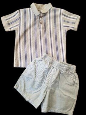 TKS BASICS Green Striped Polo and Chinos Shorts Set Boys Size 2T